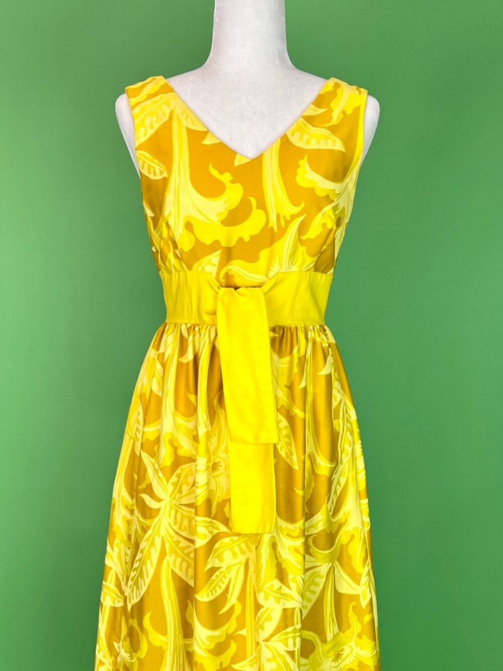 Vintage 60s Tropical Yellow Floral Maxi Dress - Size XS/S